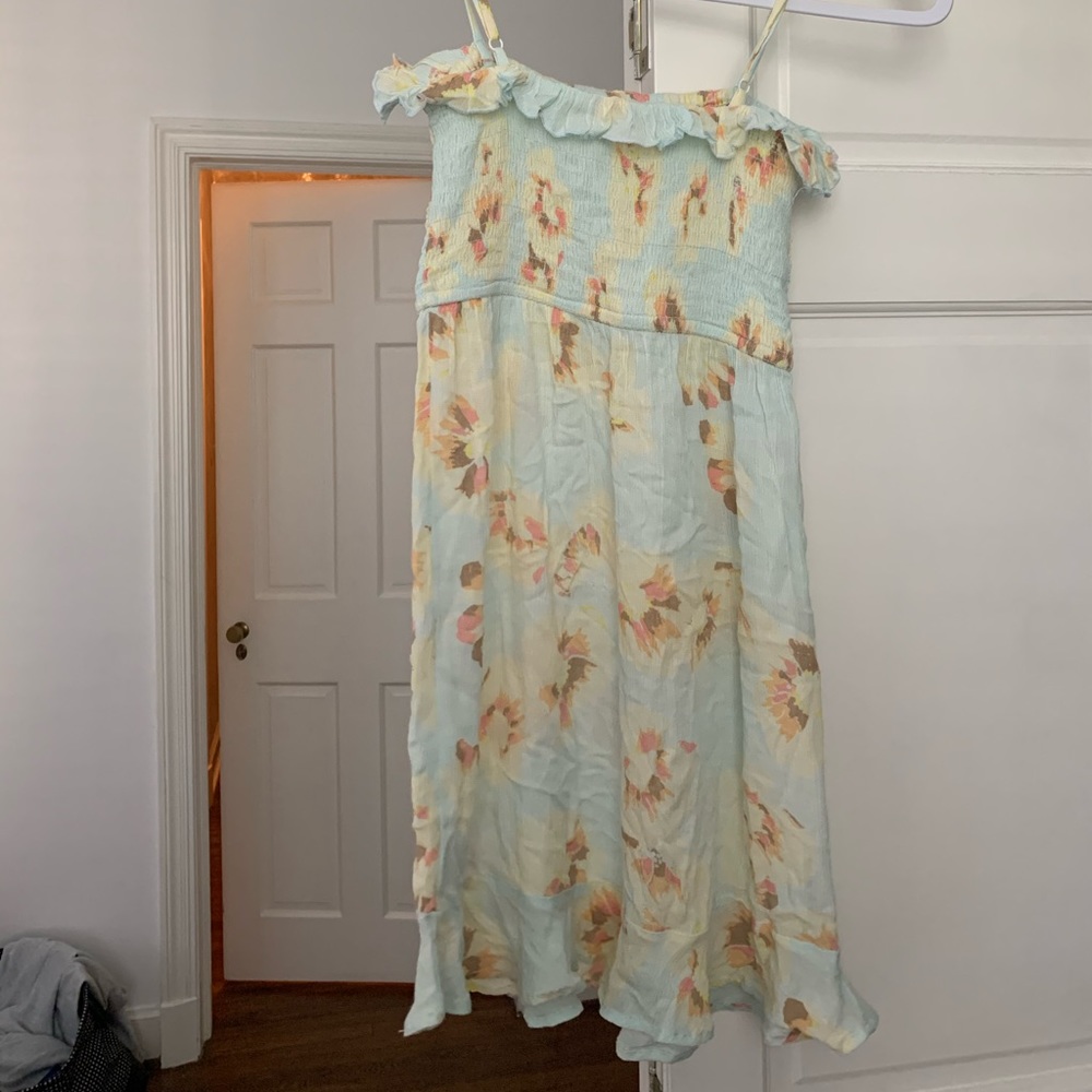 Mint tinted dress with yellow flowers